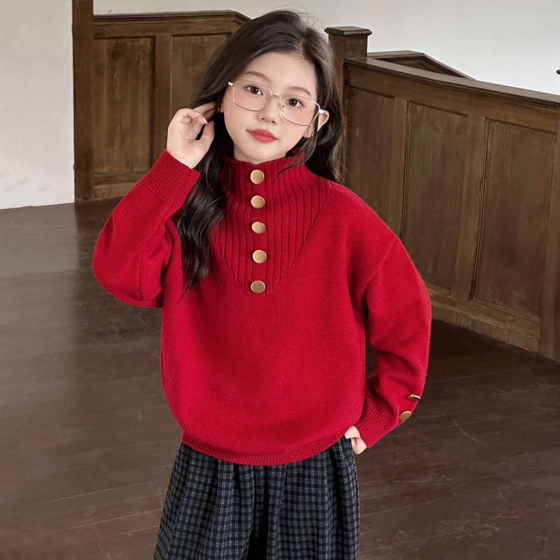 Meitenēm adīts biezs flīsa džemperis ar korejas stila stāvošu apkakli, garām piedurknēm