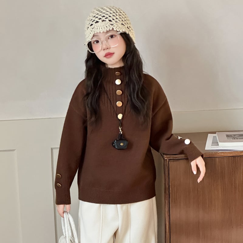 Meitenēm adīts biezs flīsa džemperis ar korejas stila stāvošu apkakli, garām piedurknēm
