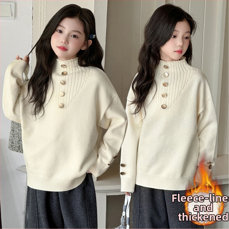 Meitenēm adīts biezs flīsa džemperis ar korejas stila stāvošu apkakli, garām piedurknēm