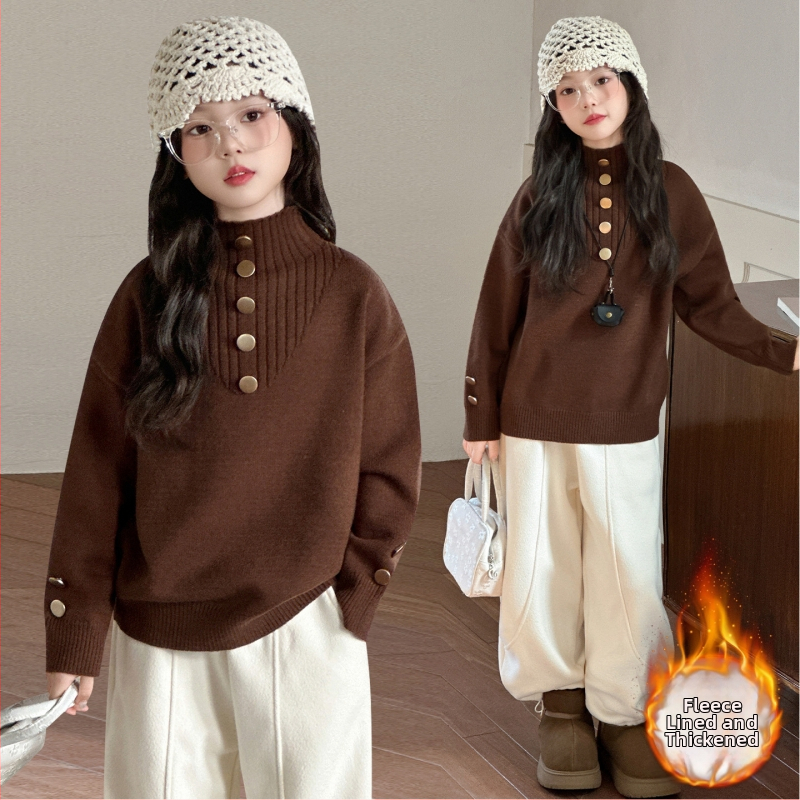 Meitenēm adīts biezs flīsa džemperis ar korejas stila stāvošu apkakli, garām piedurknēm