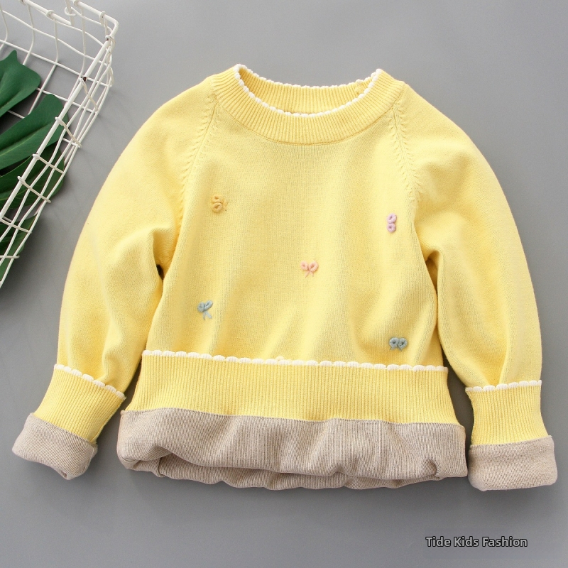 Bērnu adīts džemperis, vienkrāsains, ar apaļu kaklu, garām piedurknēm, truša kažokādas audums, pavasaris 2025