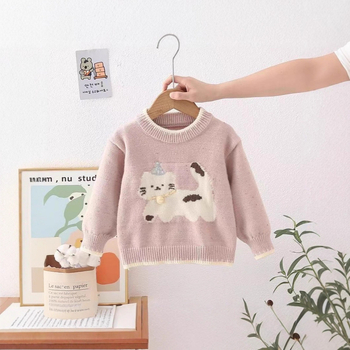 Meitenēm paredzēts adīts džemperis ar karikatūras kaķi, biezināts akrila adījums (50% akrils), apaļš kakla izgriezums, garie piedurknes, korejiešu stils, vecumam 1–3 gadiem.