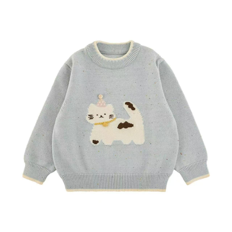 Meitenēm paredzēts adīts džemperis ar karikatūras kaķi, biezināts akrila adījums (50% akrils), apaļš kakla izgriezums, garie piedurknes, korejiešu stils, vecumam 1–3 gadiem.