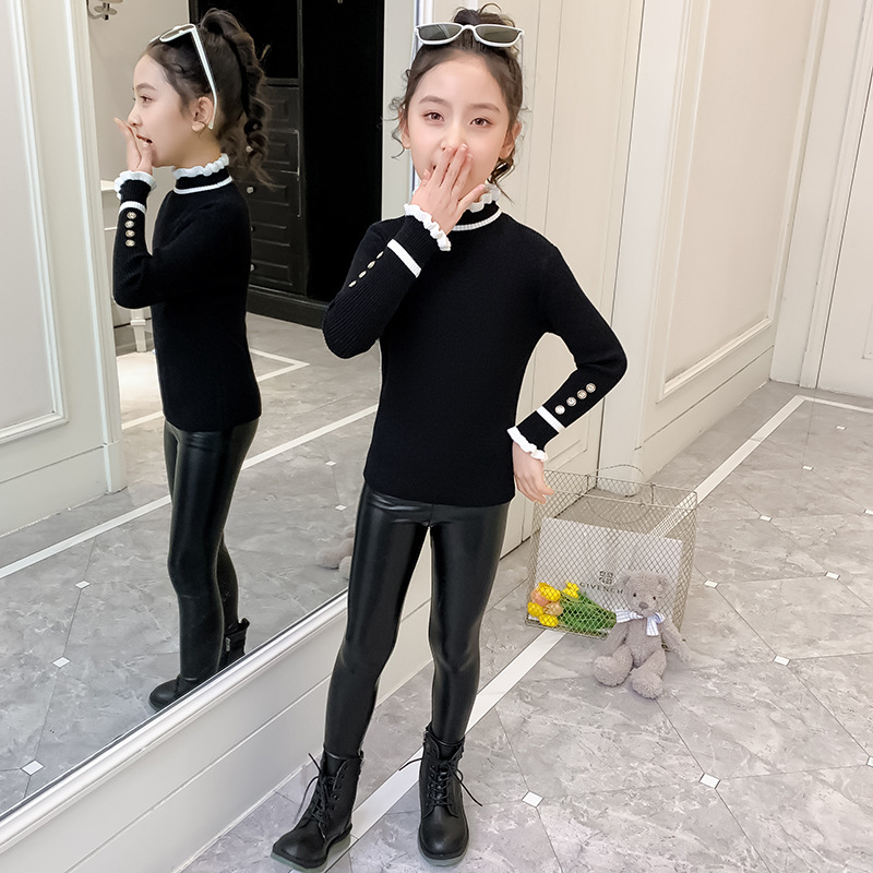 Meitenēm paredzēts korejiešu stilā velūra adīts džemperis ar trušu kažokādas core-spun šķiedrām, biezs