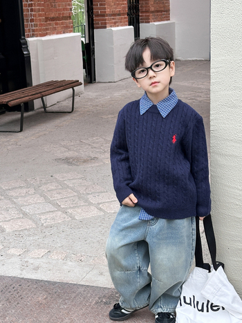 Bērnu džemperis no aitu vilnas, bieza adījuma kabelis, apaļš kakls, garas piedurknes, izšūta detaļa