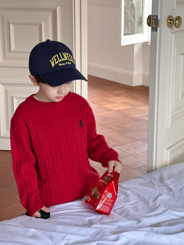 Bērnu džemperis no aitu vilnas, bieza adījuma kabelis, apaļš kakls, garas piedurknes, izšūta detaļa