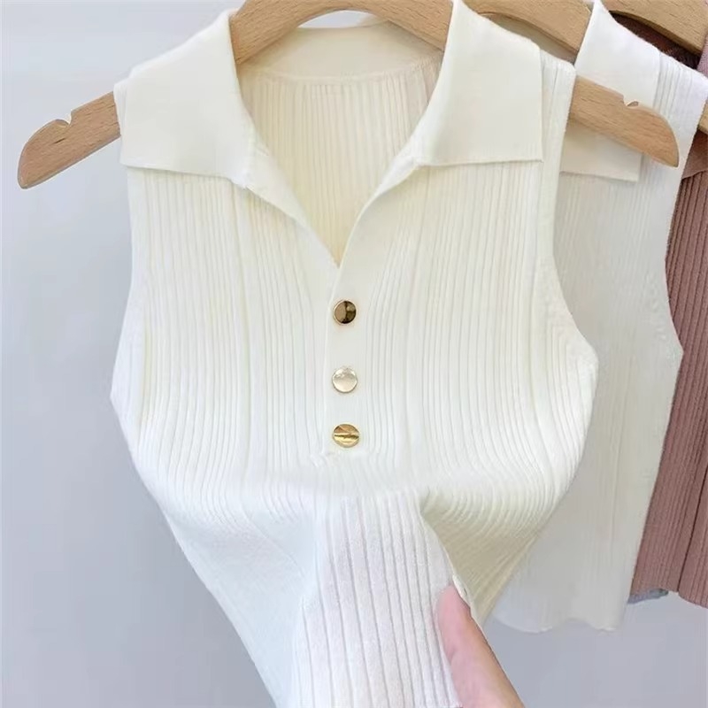 Damski polo top od Ice Silk, bez rukava, tanak pleteni dizajn, za ljeto i jesen, uski kroj