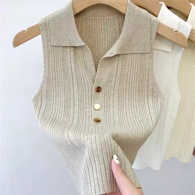 Damski polo top od Ice Silk, bez rukava, tanak pleteni dizajn, za ljeto i jesen, uski kroj