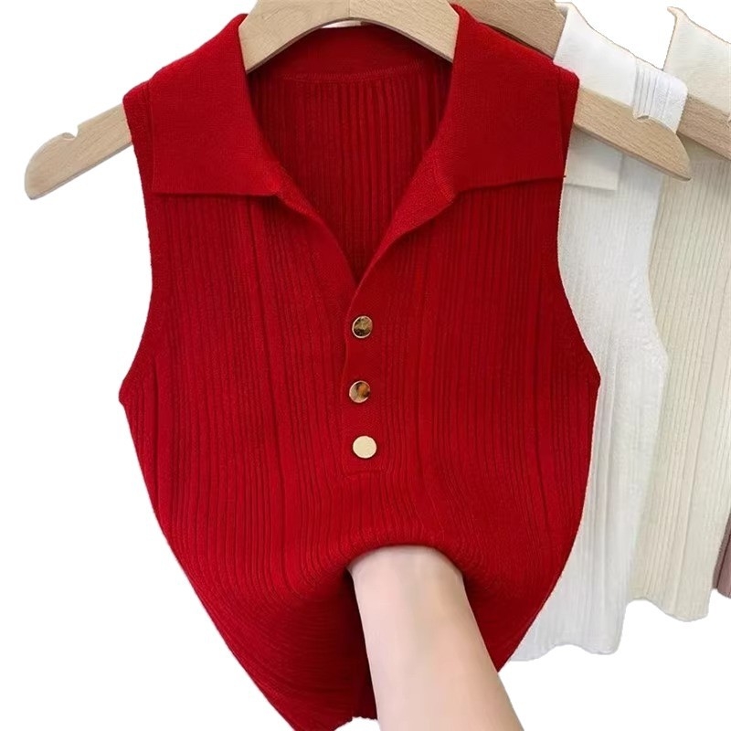 Damski polo top od Ice Silk, bez rukava, tanak pleteni dizajn, za ljeto i jesen, uski kroj