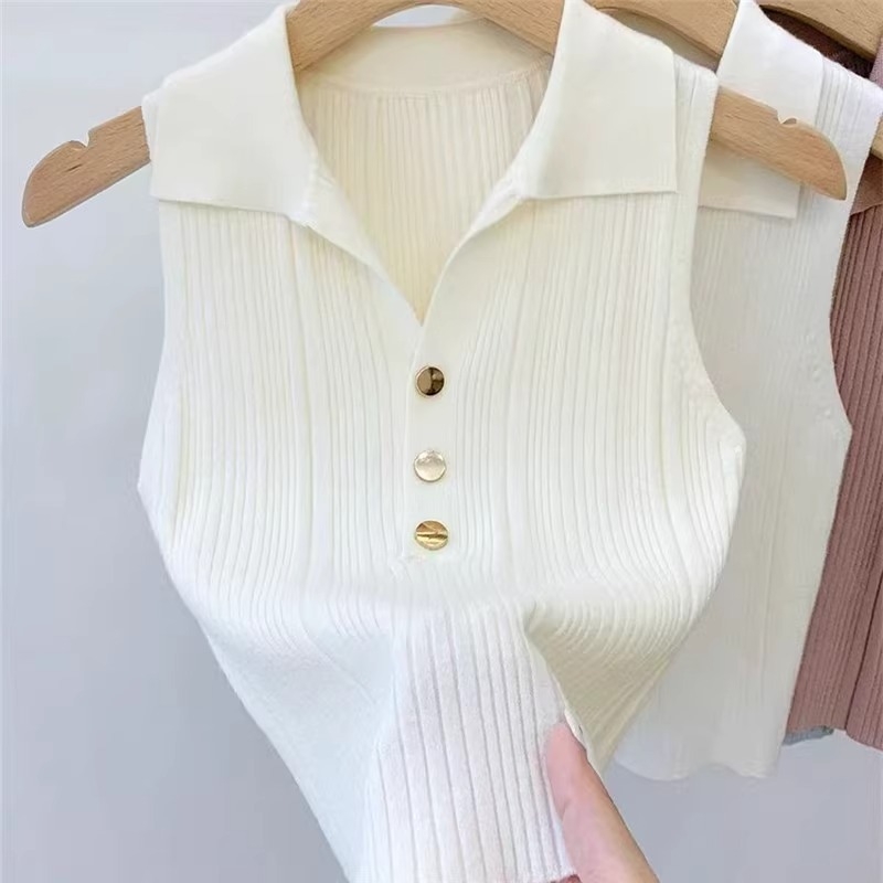 Damski polo top od Ice Silk, bez rukava, tanak pleteni dizajn, za ljeto i jesen, uski kroj