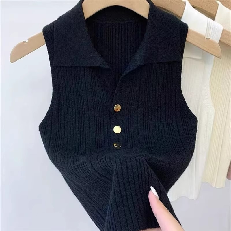 Damski polo top od Ice Silk, bez rukava, tanak pleteni dizajn, za ljeto i jesen, uski kroj