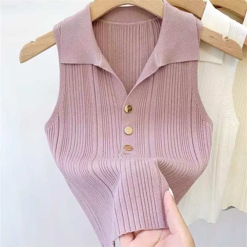 Damski polo top od Ice Silk, bez rukava, tanak pleteni dizajn, za ljeto i jesen, uski kroj
