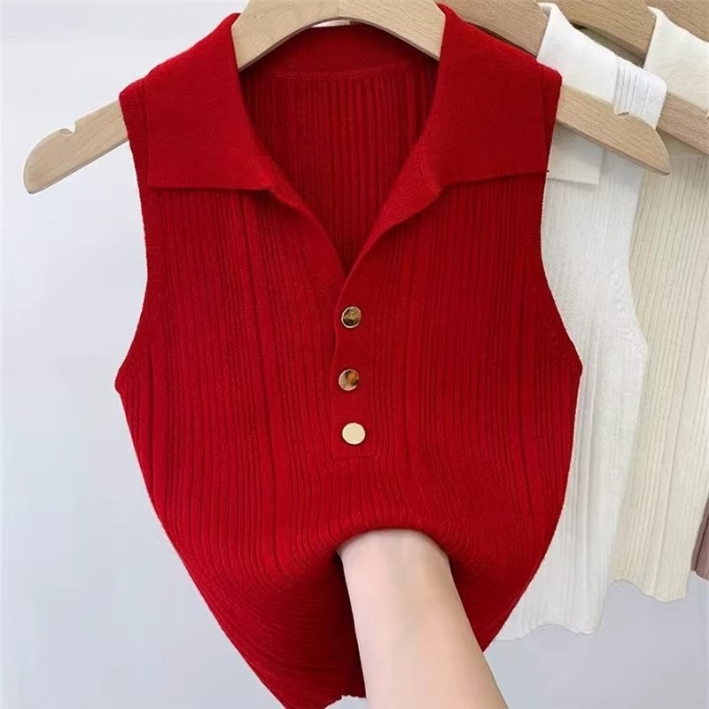 Damski polo top od Ice Silk, bez rukava, tanak pleteni dizajn, za ljeto i jesen, uski kroj