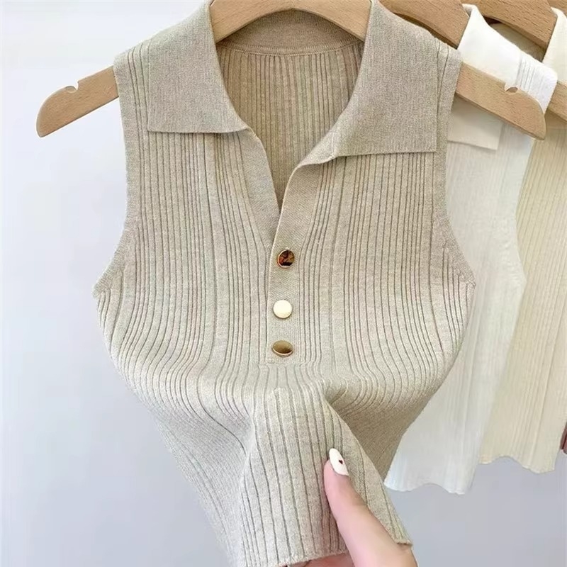 Damski polo top od Ice Silk, bez rukava, tanak pleteni dizajn, za ljeto i jesen, uski kroj