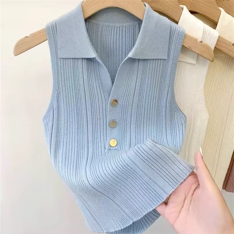 Damski polo top od Ice Silk, bez rukava, tanak pleteni dizajn, za ljeto i jesen, uski kroj