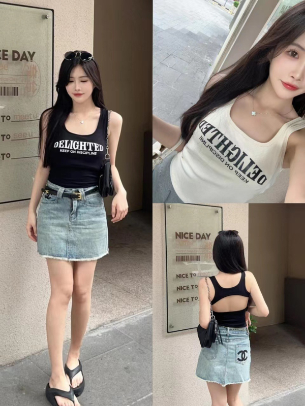 Камизол с отвори и принт, памучна подплата, 100% памук, кръгла яка, стил жилетка