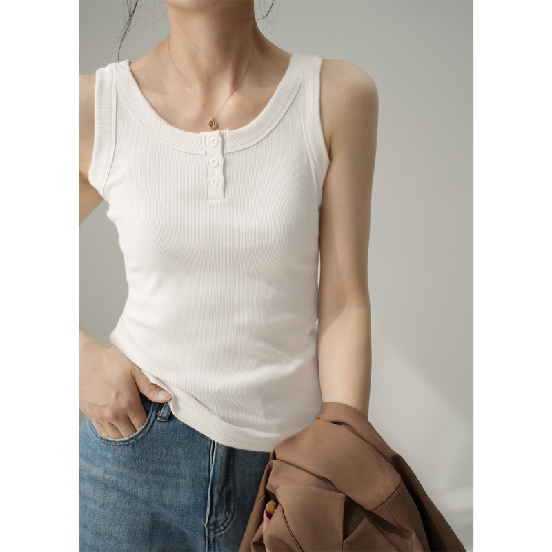 Ženski top od 95% pamuka s dvostrukim trakama i gumbom, slim fit, 95% pamuk / spandeks, za slojevito nošenje, ljeto 2025