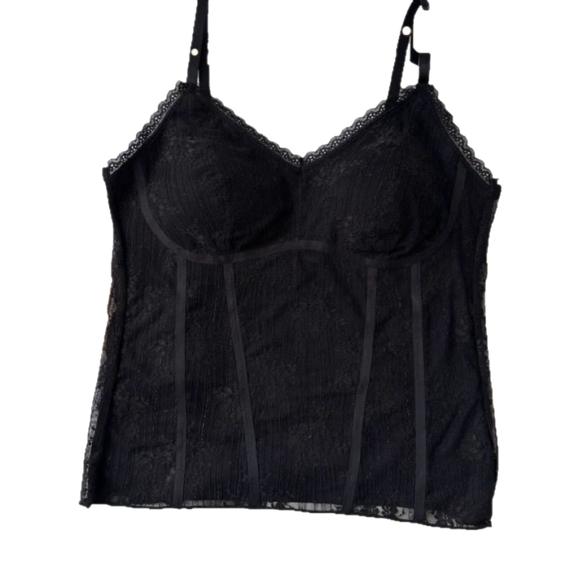 Csipkés camisole nylon anyaggal, beépített melltámaszokkal, V-nyakú, vest-stílusú felső