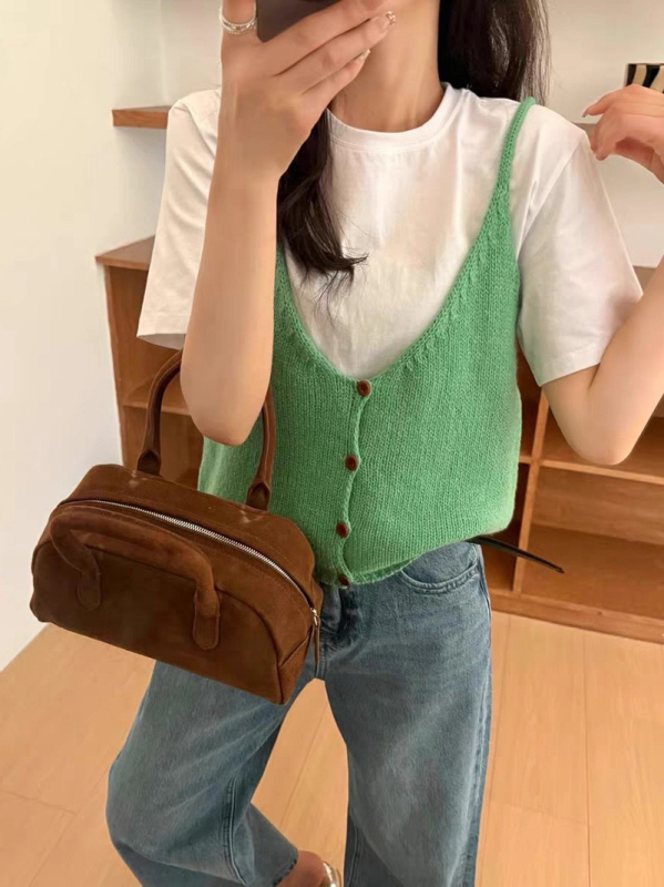 Gornji kamisol-vest za vanjsku upotrebu, pleteni materijal, akril 30-50% + poliester 30-50%, japansko-korejski ležerni stil, kratka duljina 40-50 cm