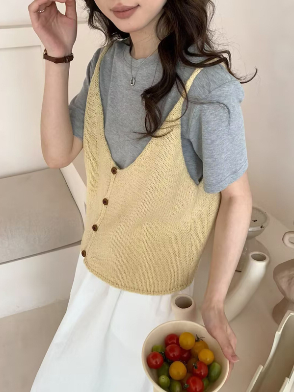 Gornji kamisol-vest za vanjsku upotrebu, pleteni materijal, akril 30-50% + poliester 30-50%, japansko-korejski ležerni stil, kratka duljina 40-50 cm