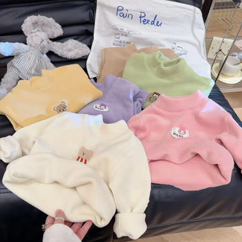 Bešuvju bērnu bāzes T-krekls ar fleece iekšējo odas Ollie velvet audums, universāls, 3–8 gadi, garās piedurknes, pusaugstā kakla, vienkrāsains, 100% poliesteris, Korejas stils