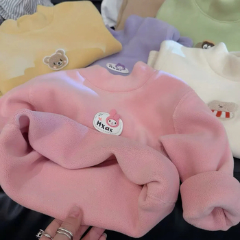 Bešuvju bērnu bāzes T-krekls ar fleece iekšējo odas Ollie velvet audums, universāls, 3–8 gadi, garās piedurknes, pusaugstā kakla, vienkrāsains, 100% poliesteris, Korejas stils