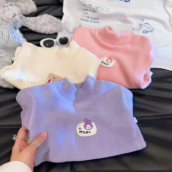 Bešuvju bērnu bāzes T-krekls ar fleece iekšējo odas Ollie velvet audums, universāls, 3–8 gadi, garās piedurknes, pusaugstā kakla, vienkrāsains, 100% poliesteris, Korejas stils