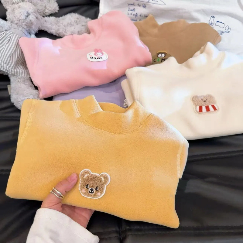 Bešuvju bērnu bāzes T-krekls ar fleece iekšējo odas Ollie velvet audums, universāls, 3–8 gadi, garās piedurknes, pusaugstā kakla, vienkrāsains, 100% poliesteris, Korejas stils