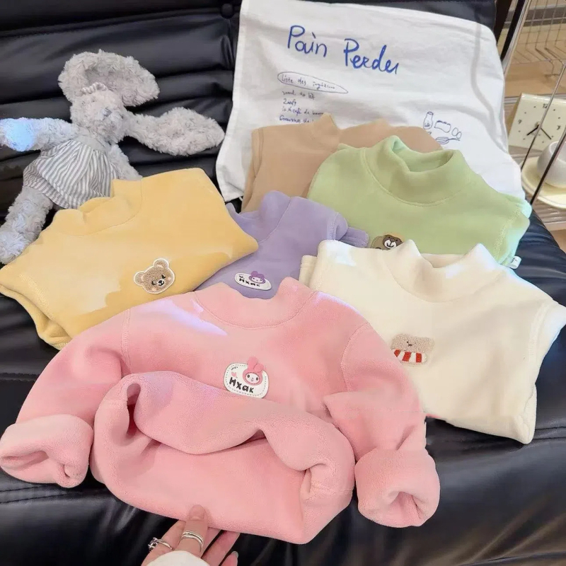 Bešuvju bērnu bāzes T-krekls ar fleece iekšējo odas Ollie velvet audums, universāls, 3–8 gadi, garās piedurknes, pusaugstā kakla, vienkrāsains, 100% poliesteris, Korejas stils