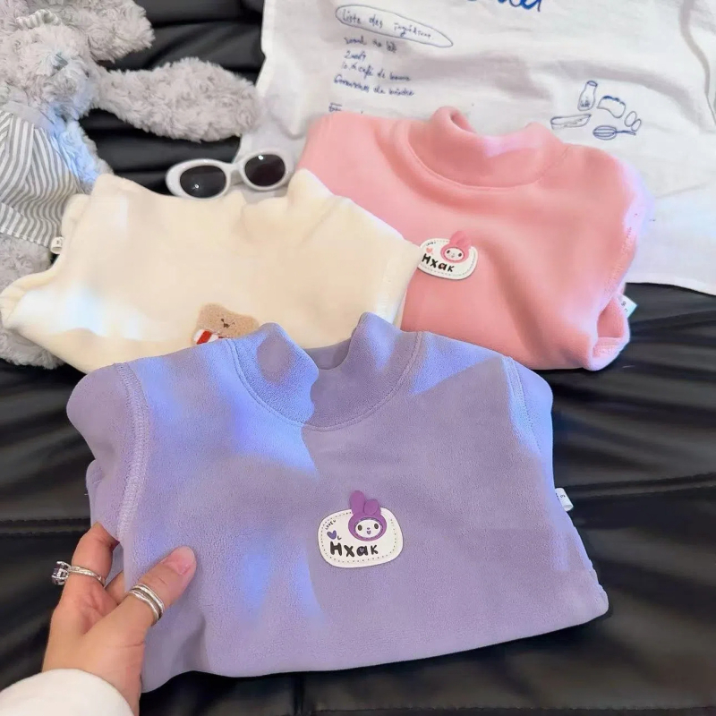 Bešuvju bērnu bāzes T-krekls ar fleece iekšējo odas Ollie velvet audums, universāls, 3–8 gadi, garās piedurknes, pusaugstā kakla, vienkrāsains, 100% poliesteris, Korejas stils