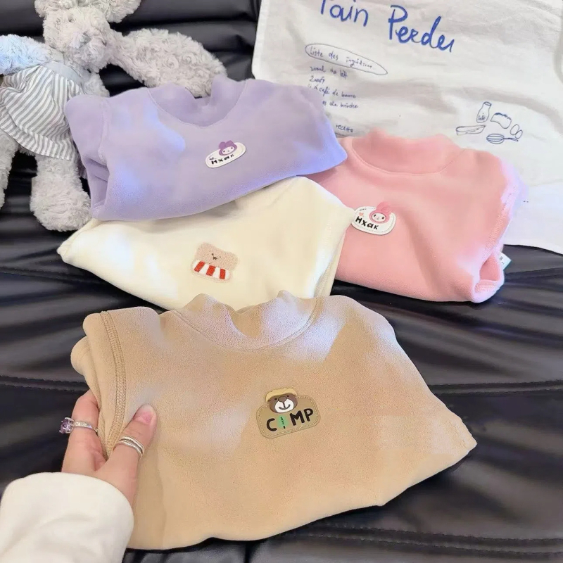Bešuvju bērnu bāzes T-krekls ar fleece iekšējo odas Ollie velvet audums, universāls, 3–8 gadi, garās piedurknes, pusaugstā kakla, vienkrāsains, 100% poliesteris, Korejas stils