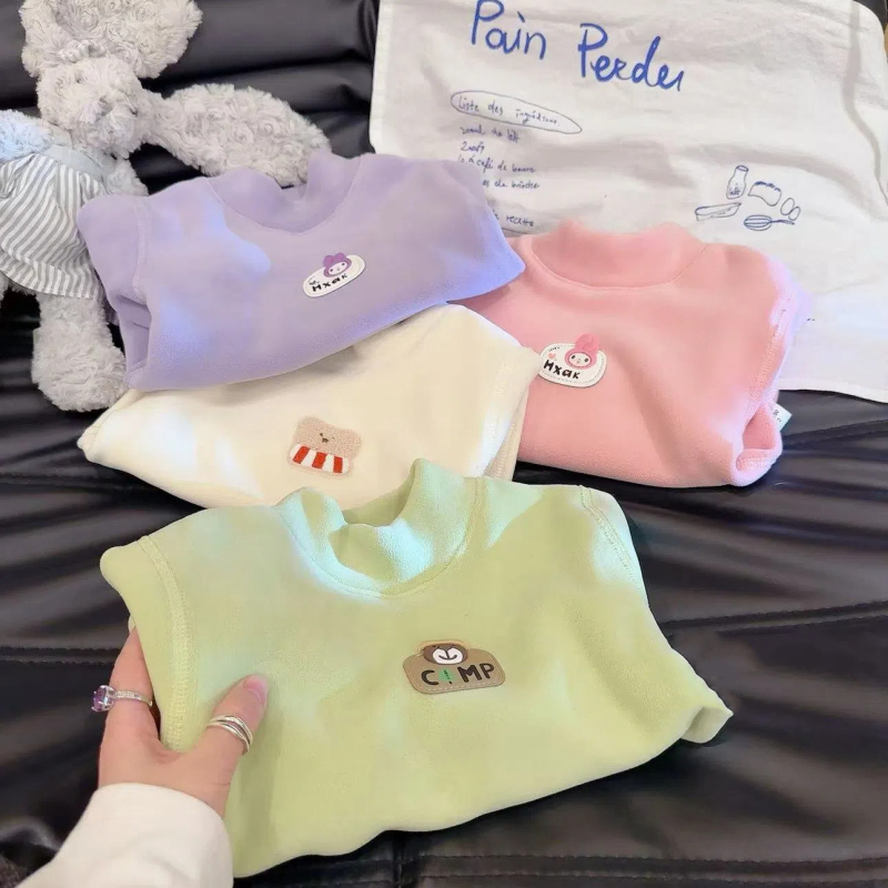 Bešuvju bērnu bāzes T-krekls ar fleece iekšējo odas Ollie velvet audums, universāls, 3–8 gadi, garās piedurknes, pusaugstā kakla, vienkrāsains, 100% poliesteris, Korejas stils