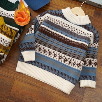 Bērnu adītais džemperis | zaķu kažokāds, pusaugsts apkakle, garas piedurknes, svītrainais raksts | piemērots zīdaiņiem ziemā