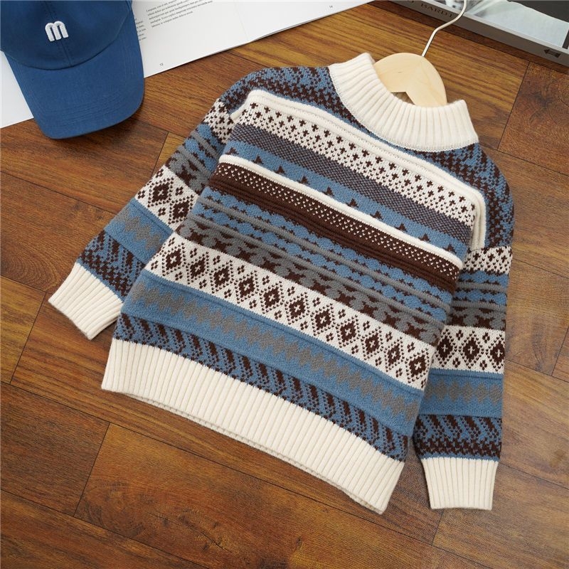 Bērnu adītais džemperis | zaķu kažokāds, pusaugsts apkakle, garas piedurknes, svītrainais raksts | piemērots zīdaiņiem ziemā