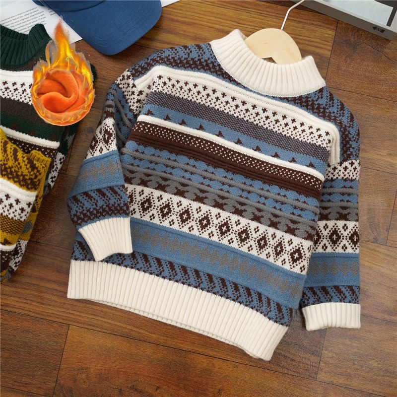 Bērnu adītais džemperis | zaķu kažokāds, pusaugsts apkakle, garas piedurknes, svītrainais raksts | piemērots zīdaiņiem ziemā