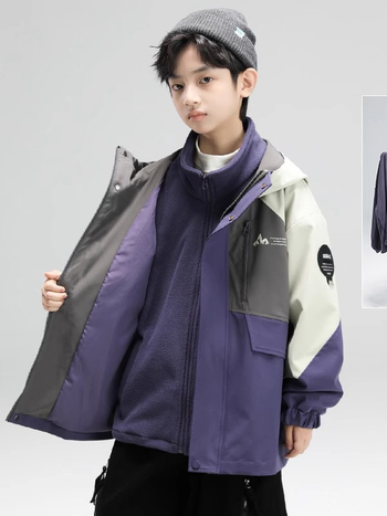 Bērnu 3-in-1 ārējā slēpošanas jaka, ūdensnecaurlaidīga 1500 mm, pretvēja, kapuce, noņemama poliesteru odere