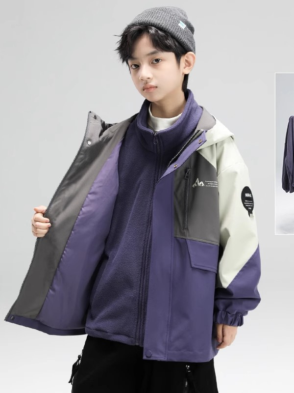 Bērnu 3-in-1 ārējā slēpošanas jaka, ūdensnecaurlaidīga 1500 mm, pretvēja, kapuce, noņemama poliesteru odere
