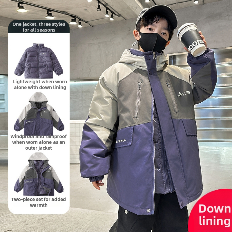 Bērnu 3-in-1 ārējā slēpošanas jaka, ūdensnecaurlaidīga 1500 mm, pretvēja, kapuce, noņemama poliesteru odere