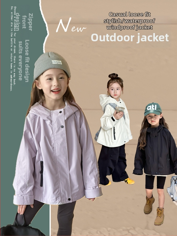 Unisex bērnu jaka - ūdensizturīga un pretvēja, ar kapuci, rāvējslēdzēja aizdare, Korejas stila casual (īsā garuma)