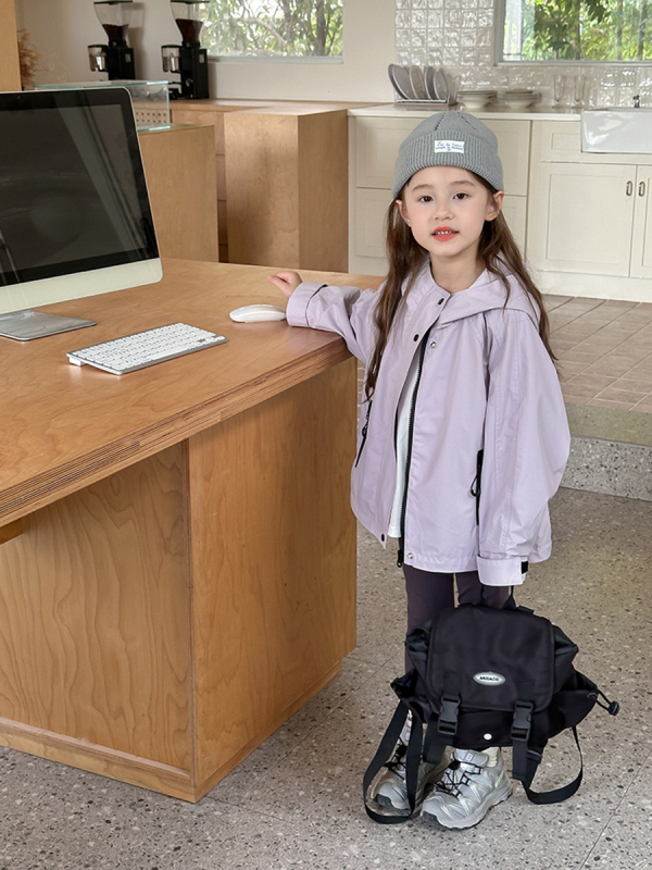 Unisex bērnu jaka - ūdensizturīga un pretvēja, ar kapuci, rāvējslēdzēja aizdare, Korejas stila casual (īsā garuma)