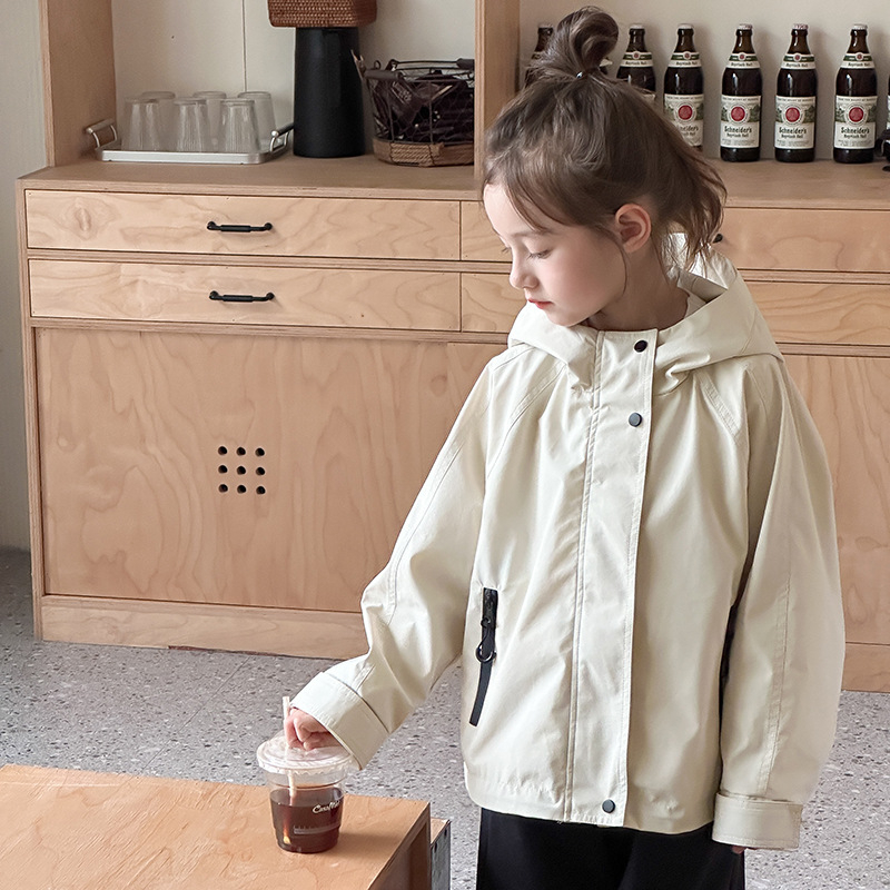 Unisex bērnu jaka - ūdensizturīga un pretvēja, ar kapuci, rāvējslēdzēja aizdare, Korejas stila casual (īsā garuma)
