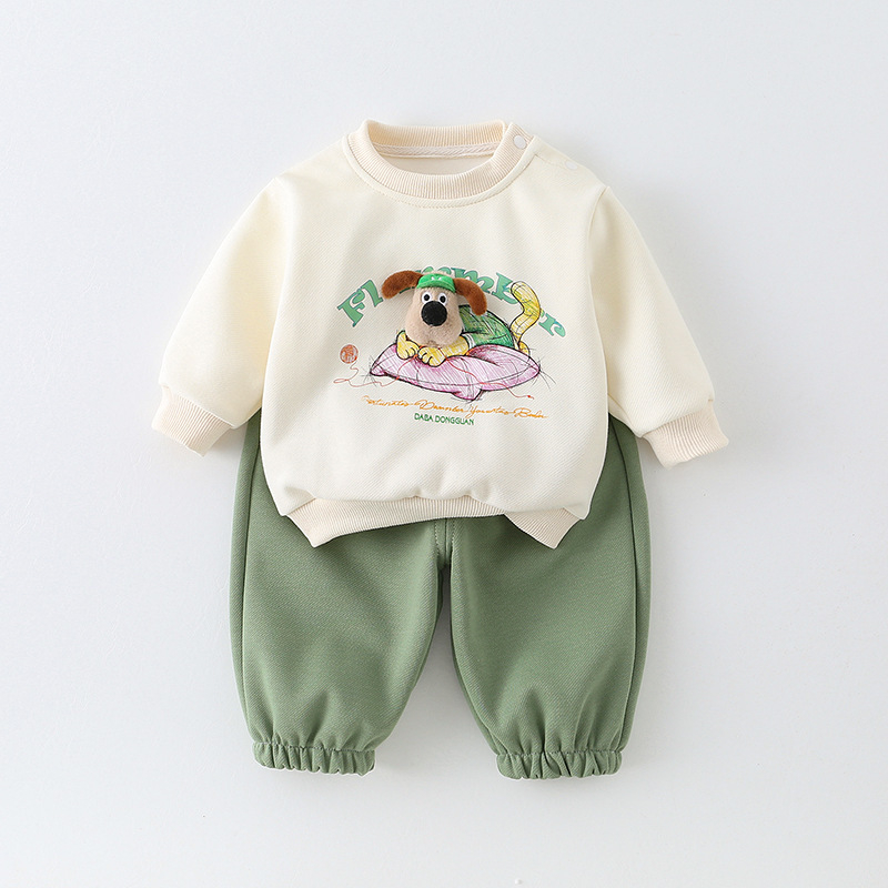 Set de pantaloni pentru copii din două piese, stil coreean, model desen animat, 95% bumbac, pentru 1–3 ani.