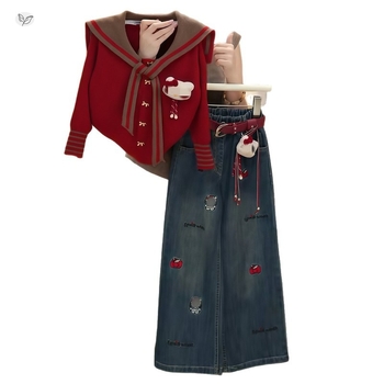 Dječji dvodijelni komplet: pleteni džemper s ovratnikom i traperice s printom crtića – pamuk 55%, mekani materijal, jesen-prijelazno, od 8 godina