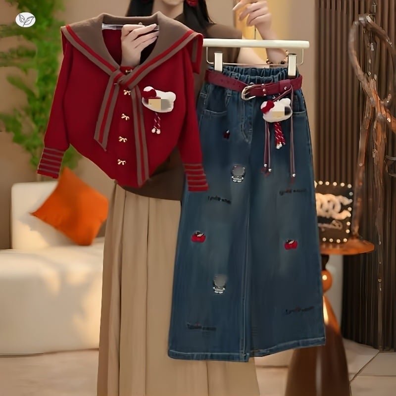 Dječji dvodijelni komplet: pleteni džemper s ovratnikom i traperice s printom crtića – pamuk 55%, mekani materijal, jesen-prijelazno, od 8 godina