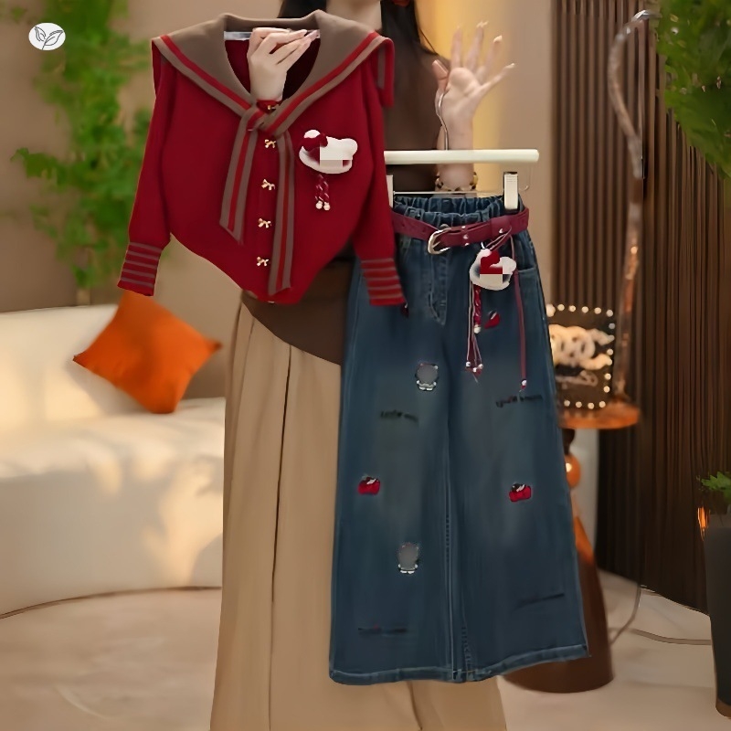 Dječji dvodijelni komplet: pleteni džemper s ovratnikom i traperice s printom crtića – pamuk 55%, mekani materijal, jesen-prijelazno, od 8 godina