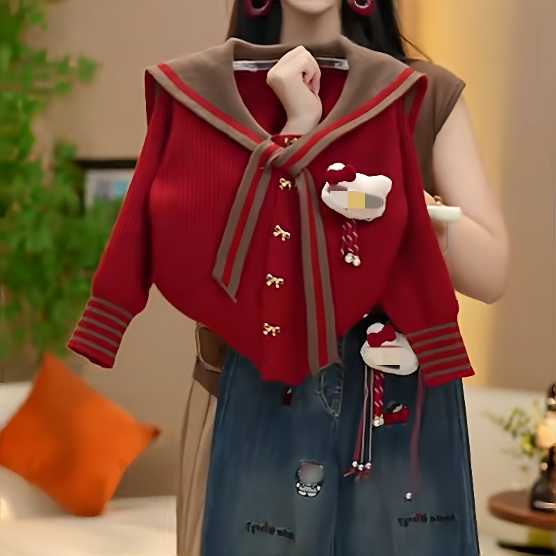 Dječji dvodijelni komplet: pleteni džemper s ovratnikom i traperice s printom crtića – pamuk 55%, mekani materijal, jesen-prijelazno, od 8 godina