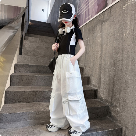 Meiteņu vasaras divdaļīgs komplekts: bez piedurknēm veste un cargo-harem bikses, 70% kokvilna, uzraksts ar burtiem, korejiešu stils