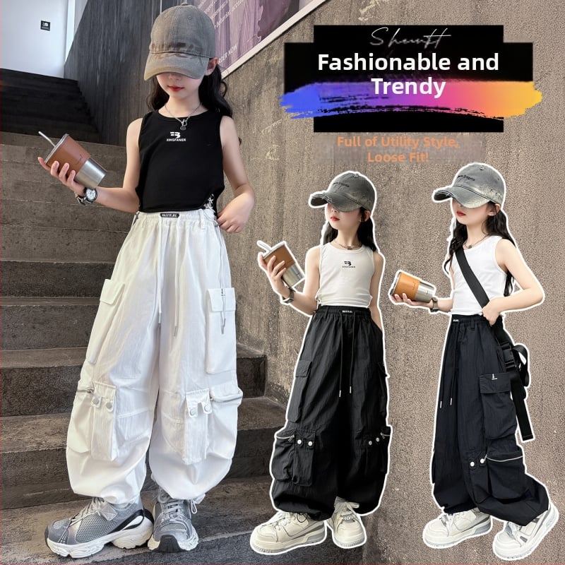 Meiteņu vasaras divdaļīgs komplekts: bez piedurknēm veste un cargo-harem bikses, 70% kokvilna, uzraksts ar burtiem, korejiešu stils