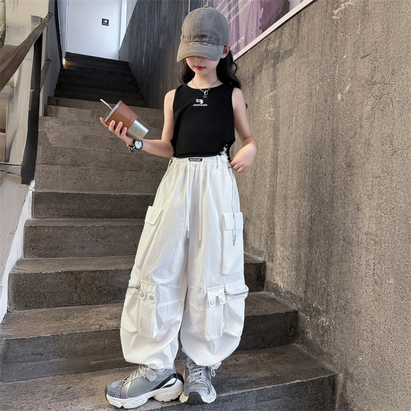 Meiteņu vasaras divdaļīgs komplekts: bez piedurknēm veste un cargo-harem bikses, 70% kokvilna, uzraksts ar burtiem, korejiešu stils