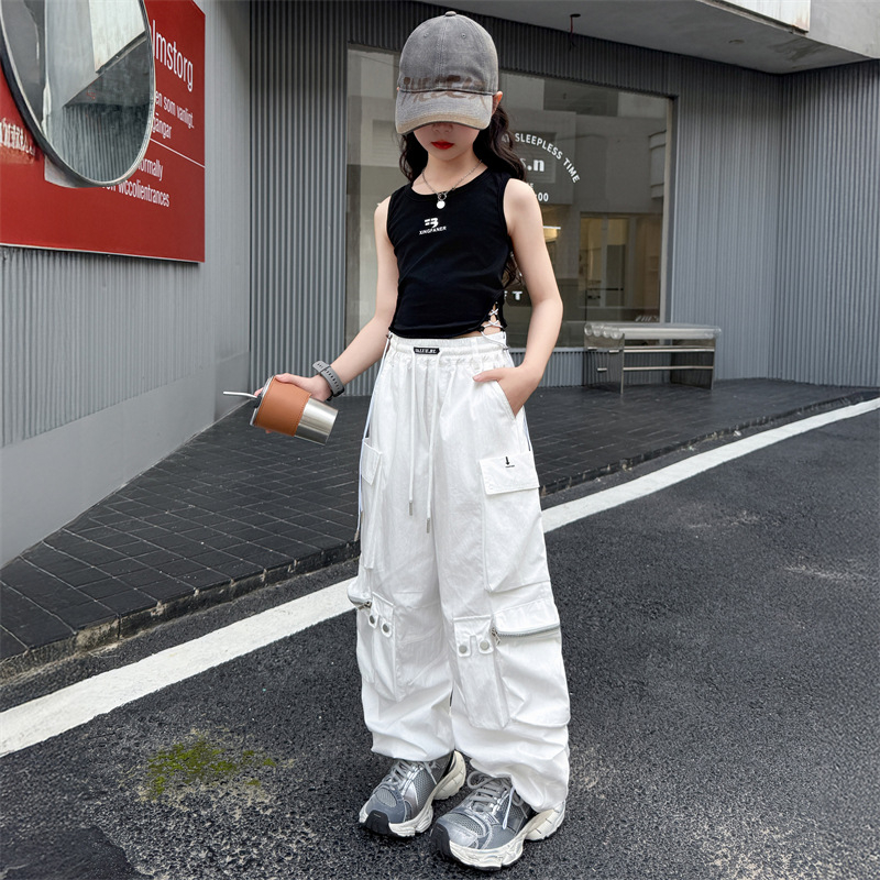 Meiteņu vasaras divdaļīgs komplekts: bez piedurknēm veste un cargo-harem bikses, 70% kokvilna, uzraksts ar burtiem, korejiešu stils